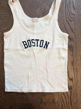 Brandy Melville White Tank Top with Navy 'BOSTON' Embroidery